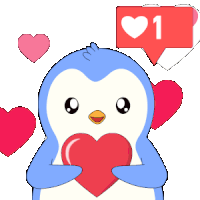 a penguin holding a red heart with a heart shaped speech bubble above it with the number 1 on it