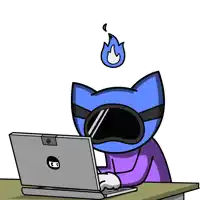 a cartoon cat is typing on a laptop with a flame coming out of his head