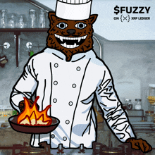 a cartoon drawing of a chef holding a frying pan with a fire in it