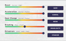 a screen showing buttons for boost acceleration gear change breaking drivetrain headlights and stance