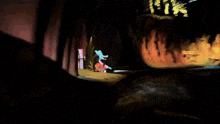 a cartoon character is standing on a stage with a stack of books in the background