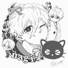 a black and white drawing of a girl with the name nagi on the bottom