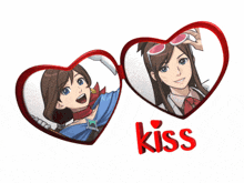 a picture of two anime girls in hearts with the word kiss below them