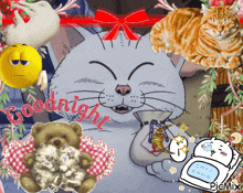 a picture of a cat holding a bag of money with the words goodnight written on it