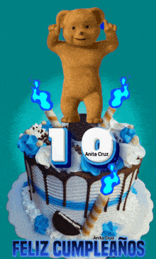 a teddy bear is standing on top of a cake with the number 10 on it