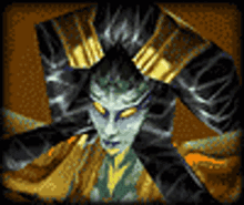 a pixel art illustration of a demon with horns and a glowing face .