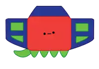 a cartoon drawing of a red square with green teeth and a blue wing