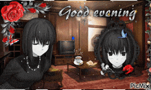 a picture of a girl in a room with the words good evening