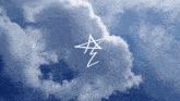 a blue sky with white clouds and a drawing of a star in the middle