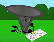 a cartoon character is writing on a piece of paper with a pen .