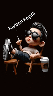 a boy wearing sunglasses sits in a chair with his legs crossed and a starbucks cup