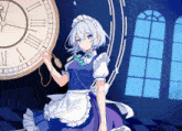 a maid stands in front of a large clock with roman numerals