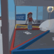 a girl is standing on a red , blue , and yellow triangle .