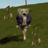 a teddy bear wearing a jacket and shorts is walking in a field surrounded by pink hearts .