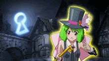 a girl in a top hat is holding a key in front of a keyhole