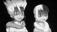 a boy and a girl are standing next to each other in a black and white drawing .