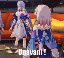 a girl in a white dress is standing next to another girl in a blue dress and says unavani