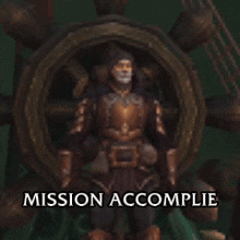 a statue of a man in front of a steering wheel with the words mission accomplie on the bottom