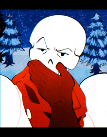 a cartoon drawing of a skeleton covering his mouth with a red scarf