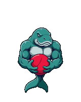a cartoon shark is holding a red ball in its mouth