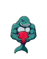 a cartoon shark is holding a red ball in its mouth
