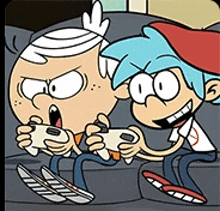 two cartoon characters are sitting on a couch playing video games .