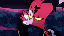 a red and white cartoon character with yellow eyes