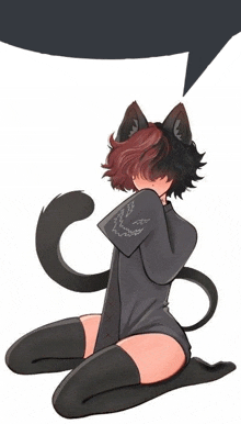 a girl with cat ears and tail is kneeling down covering her face .