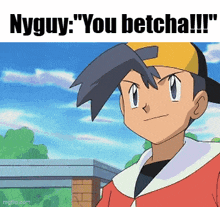 a cartoon character is standing in front of a building and says nyguy : you betcha !!!