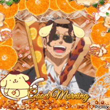a picture of a man with pomeranian ears is surrounded by orange slices and says good morning