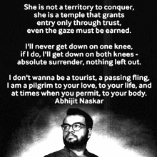 a black and white photo of a man with glasses and a quote from abhijit naskar