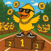 a cartoon of a duck standing on a podium with the number 1
