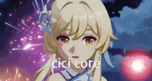 a picture of a girl with a flower in her hair and the words cici core written below her