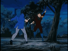 a man in a blue jacket is holding a pair of scissors over another man in a red jacket