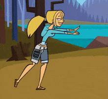 a cartoon of a girl doing a handstand in front of a body of water