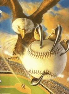 an eagle is holding a baseball with its claws