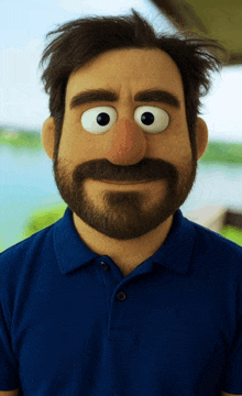 a cartoon man with a beard and big eyes is wearing a blue shirt