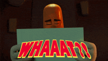 a cartoon character holding a piece of paper with the word whaaat on it