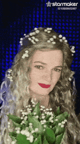 a woman is holding a bouquet of lily of the valley