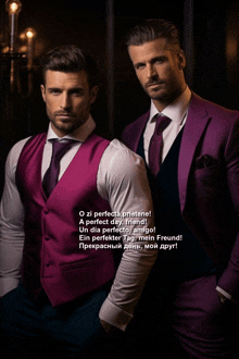 two men standing next to each other wearing purple suits and ties