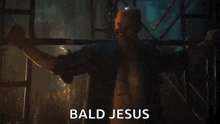 a bald man with a beard is tied to a cross with his arms outstretched and says bald jesus .