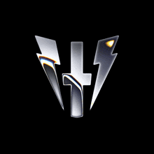 a black background with a silver lightning bolt and a cross