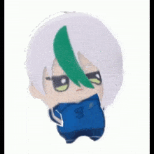 a stuffed toy of a boy with white hair and a blue shirt with the number 9
