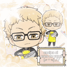 a picture of a boy wearing glasses and an apron with the words cocina si eres de yumi written on it