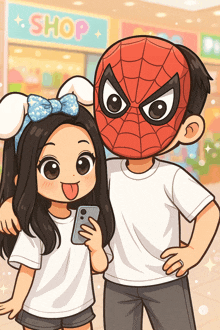 a girl with bunny ears and a man in a spider man mask pose for a picture in front of a shop