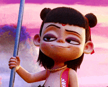 a cartoon character is holding a stick and making a funny face