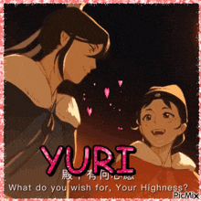 a picture of a man and a girl with yuri written in pink
