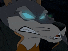 a cartoon wolf with glowing blue eyes and sharp teeth