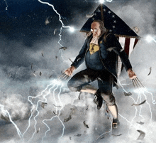 a man in a superhero costume is flying through a storm