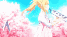 a girl in a pink dress is playing a melodica with a bird flying behind her
